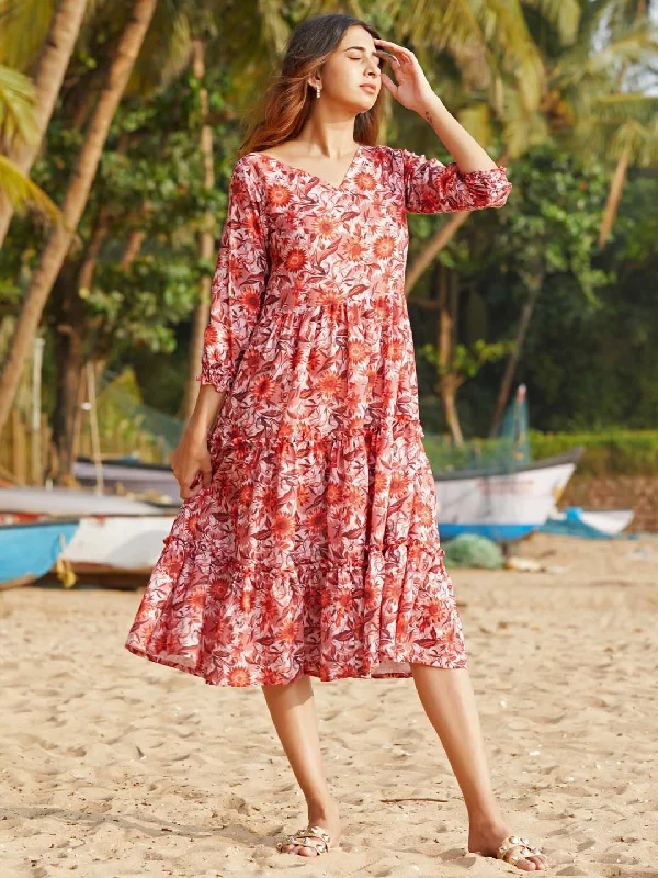 Custom DressOrange Floral Print Cotton Blend Flared Midi Dress