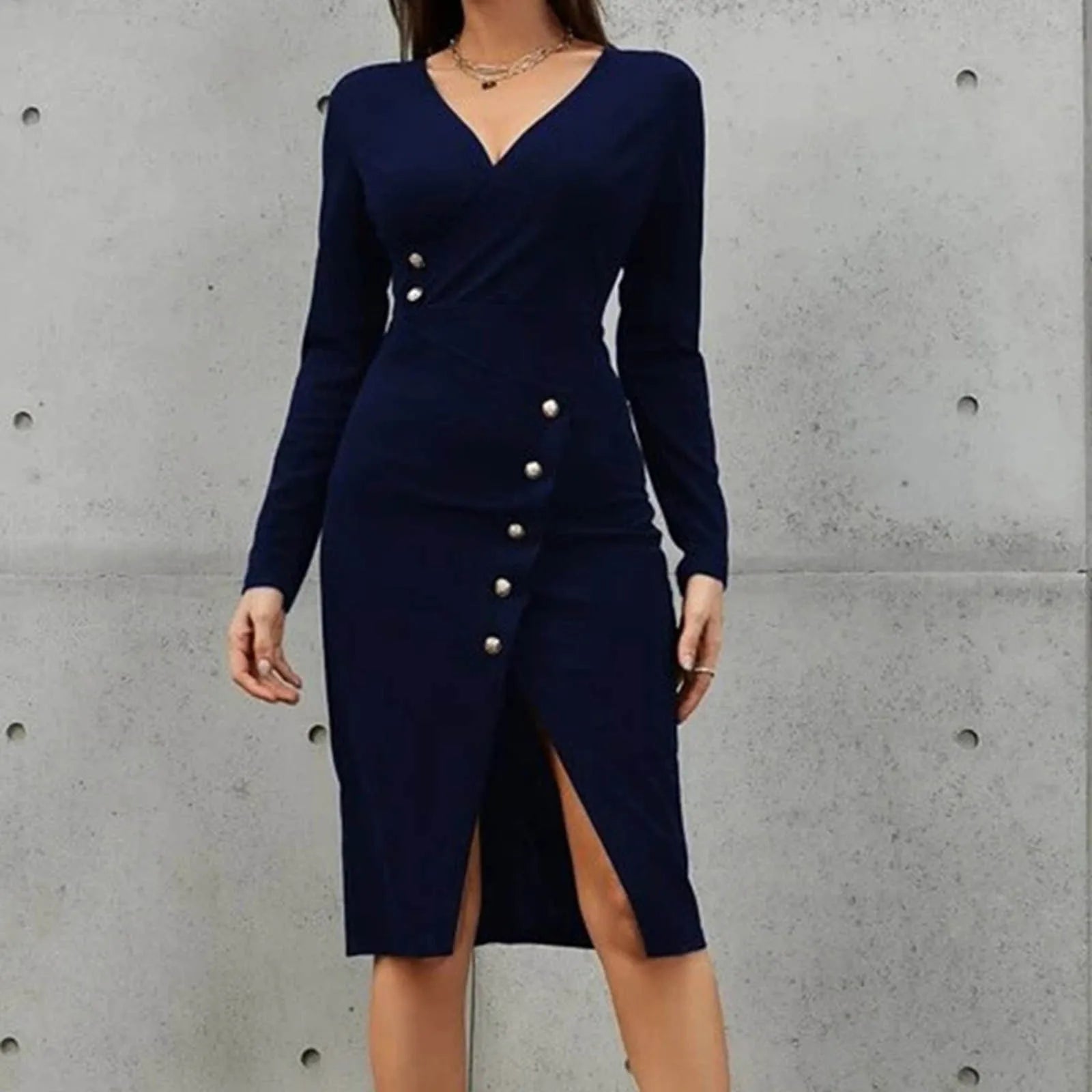 women's stretch dressesJuliaFashion - Autumn Winter Women Suit Sexy Deep V Neck Slim Hip Split Button Long Sleeved Elegant Office Lady Midi Dress