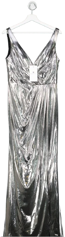 women's A-line dressesForever Unique Metallic Limited Edition Silver Maxi Dress With Gathered Waist And Split UK 12