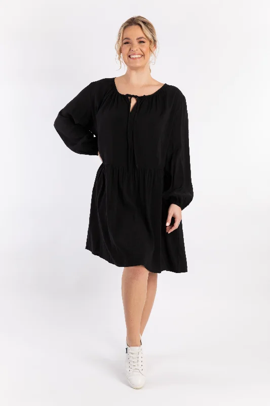 women's fashionable dressesLong Sleeve Tie Front Midi Dress | Black | FINAL SALE