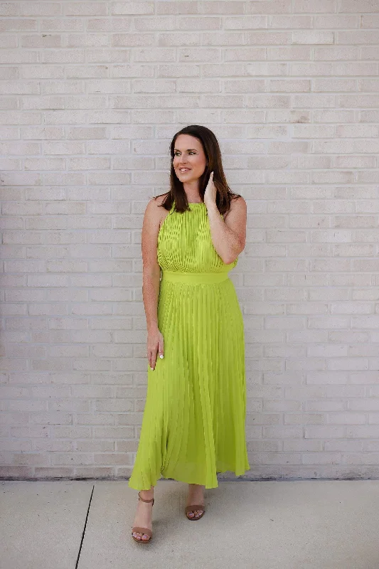 Knit DressAlways on My Mind Pleated Midi Dress - Lime