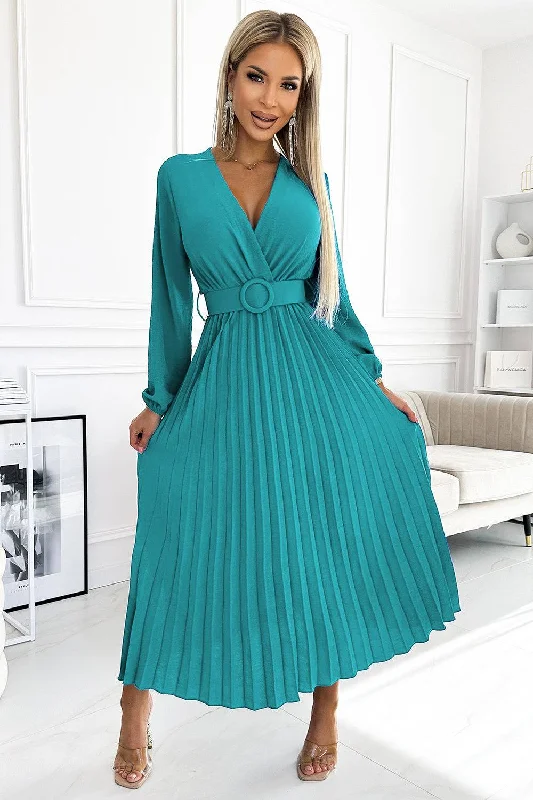 Wedding DressNumoco Basic 504-6 VIVIANA Pleated midi dress with a neckline, long sleeves and a wide belt - sea color