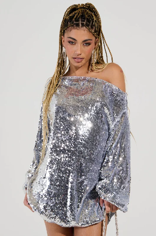 women's limited-edition dressesGEMMA OFF THE SHOULDER VOLUMINOUS SEQUIN MINI DRESS IN SILVER