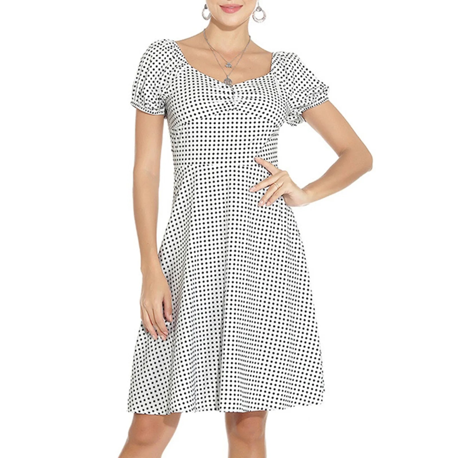 women's mother of the bride dressesJuliaFashion - New Square Neck Puff Short Sleeve Elastic Shirred Slim Swing Midi French Style Polka Dot A Line Dress