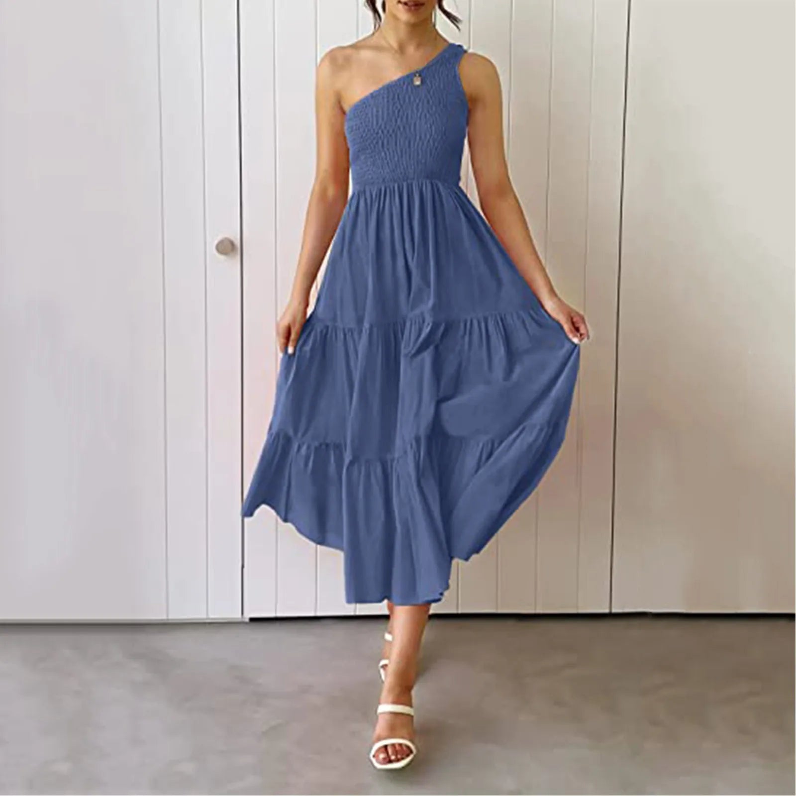 women's prom dressesJuliaFashion - Summer Sexy One Shoulder Casual Sleeveless Solid Boho Ruffle Beach Ladies Fashion Loose Tiered Midi Dress