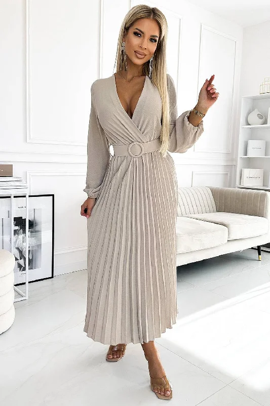 Statement DressNumoco Basic 504-2 VIVIANA Pleated midi dress with a neckline, long sleeves and a wide belt - beige colour