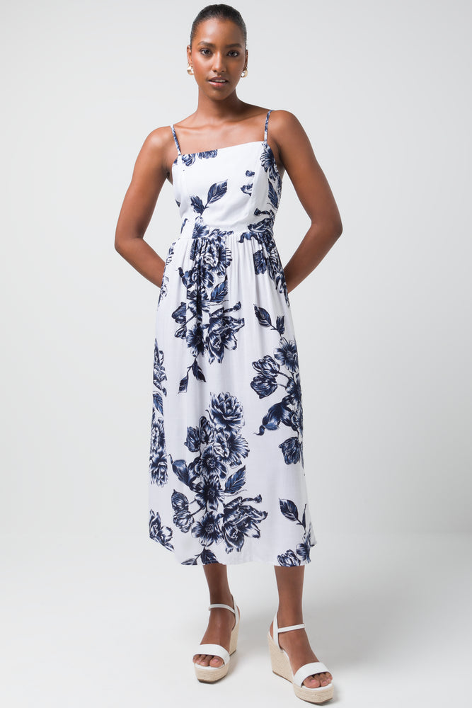 Chiffon DressStrappy Midi Dress Blue & White