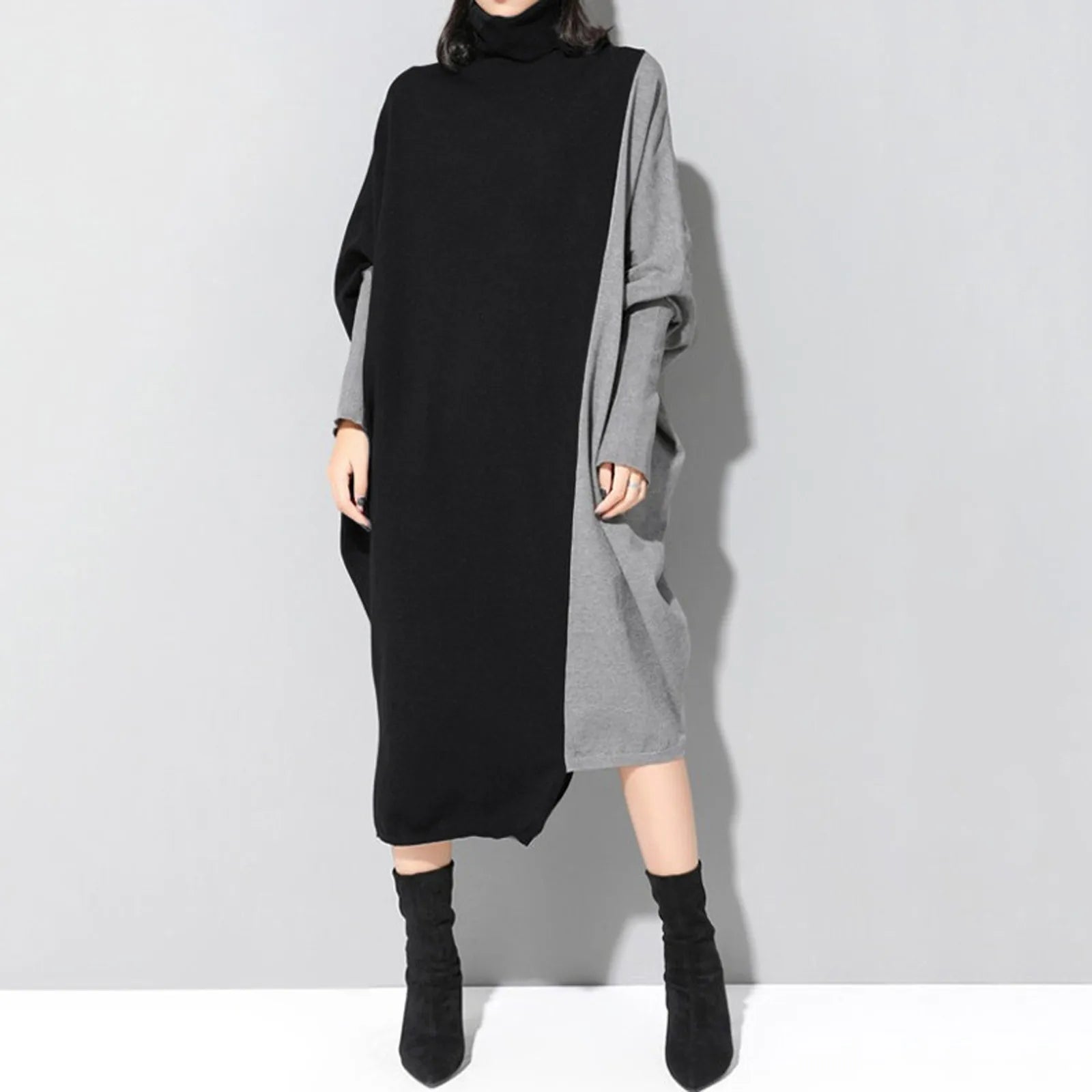 women's halter dressesJuliaFashion - Korean Style Spliced Knitted Midi Autumn Fashion Turtleneck Long Sleeve Oversized All-Match Elegant Female Dress