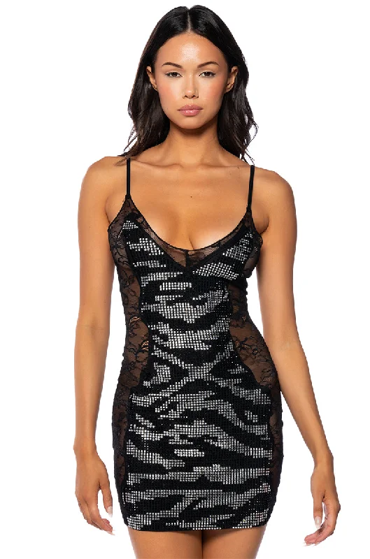 women's spaghetti strap dressesPARTY ALL NIGHT RHINESTONE LACE MINI DRESS IN BLACK MULTI