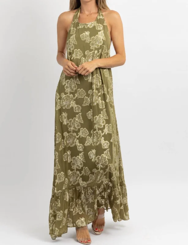 women's stretchy dressesHalter Maxi Dress In Andie Olive, Gold