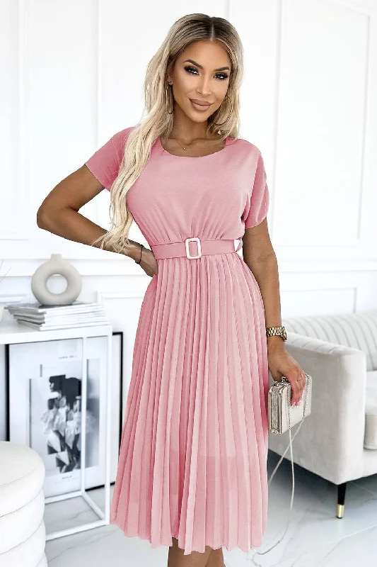 women's maximalist dressesNumoco Basic 465-3 MIA Pleated midi dress with a wide belt - dirty pink