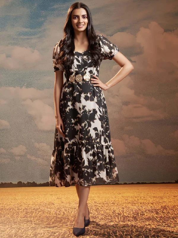 High-Low DressBlack Floral Print Georgette Flared With A-Line Midi Dress