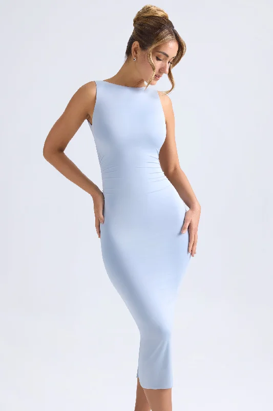 Scoop-Neck DressRuched Open-Back Midaxi Dress in Light Blue