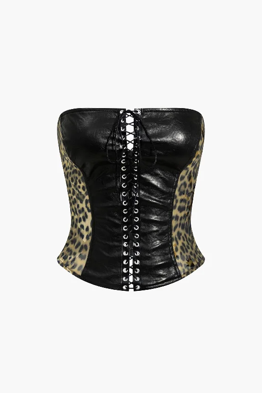 Party DressLeopard Faux Leather Patchwork Tube Top