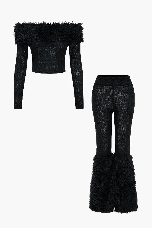 women's pear-shaped body dressesOff-The-Shoulder Faux Fur Patchwork Top And High Waist Trousers Set