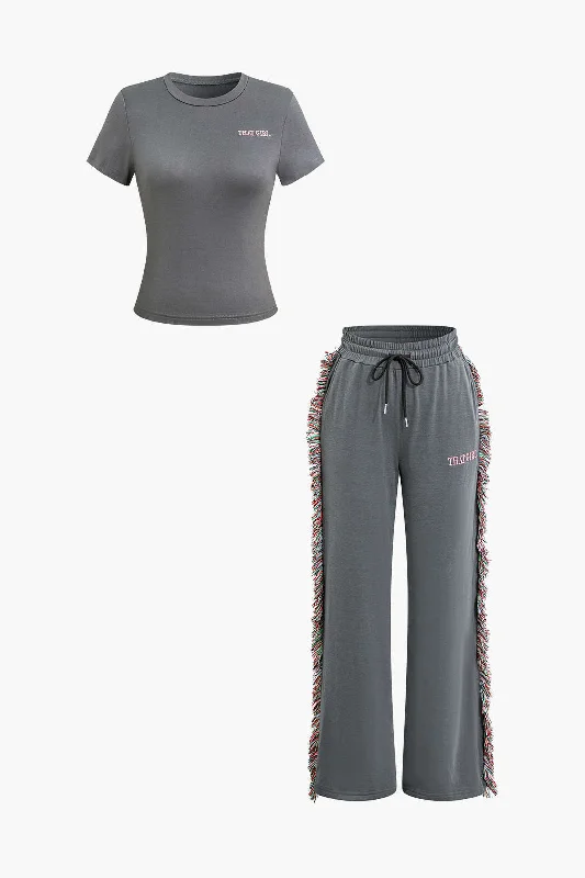 women's fashionable dressesLetter Print T-shirt And Tassel Drawstring Pants Set