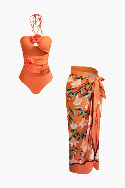 women's travel dresses3D Flower Tie Halter Cut Out Swimsuit And Wrap Knot Cover Up Skirt Set