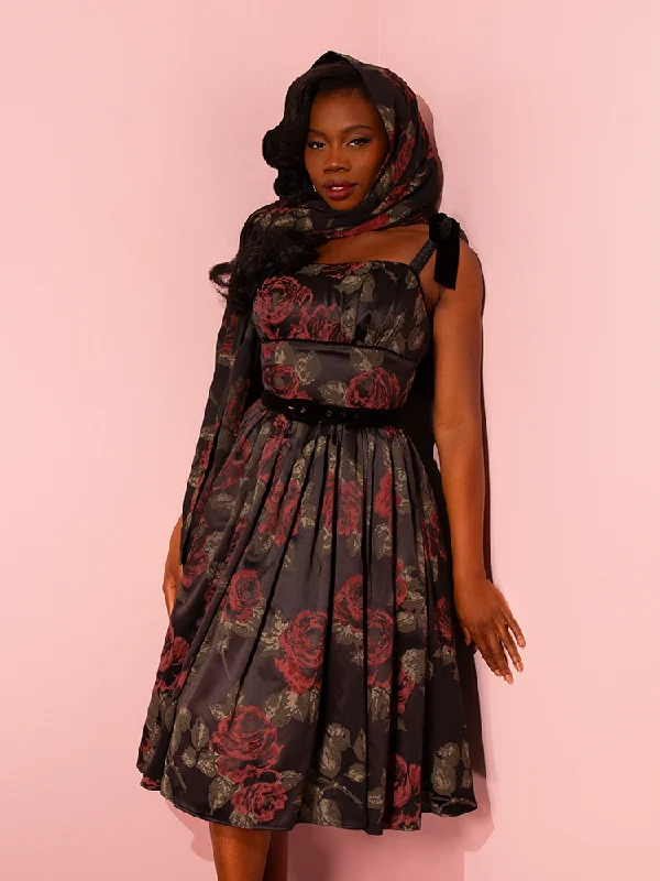 women's machine-washable dresses1950s Satin Swing Sundress and Scarf in Black Vintage Roses - Vixen by Micheline Pitt