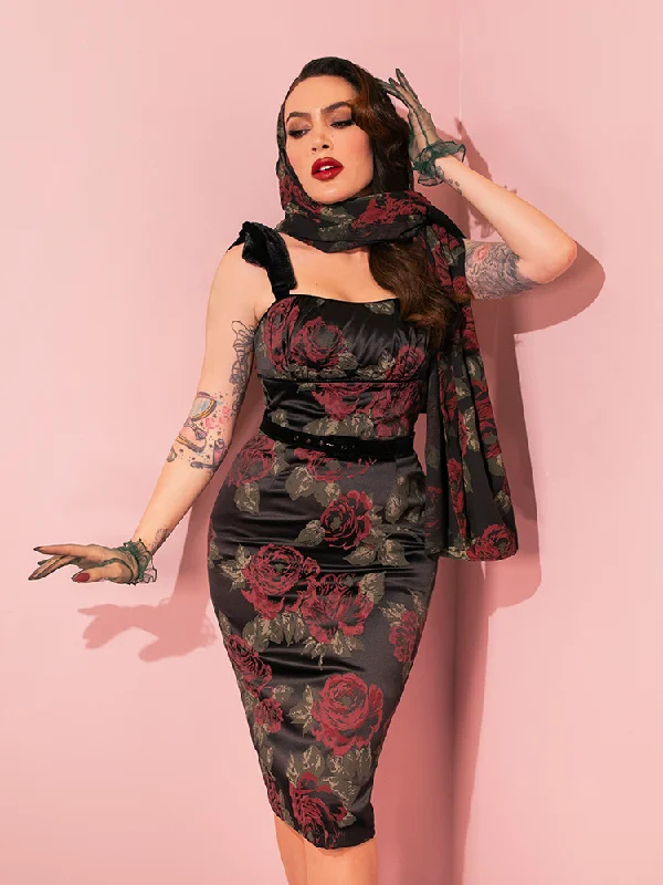 women's A-line dresses1950s Satin Wiggle Sundress and Scarf in Black Vintage Roses - Vixen by Micheline Pitt