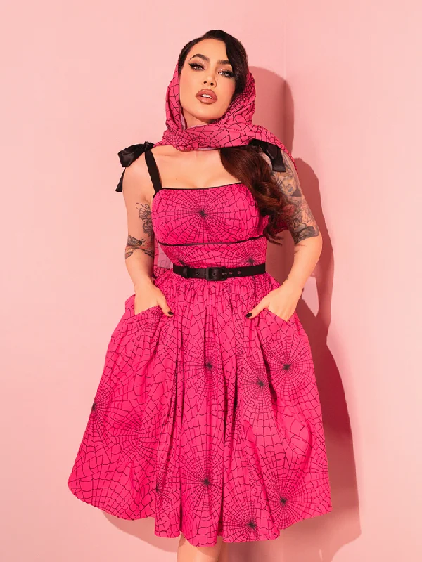 women's flowy dresses1950s Swing Sundress and Scarf in Hot Pink Spider Web Print - Vixen by Micheline Pitt