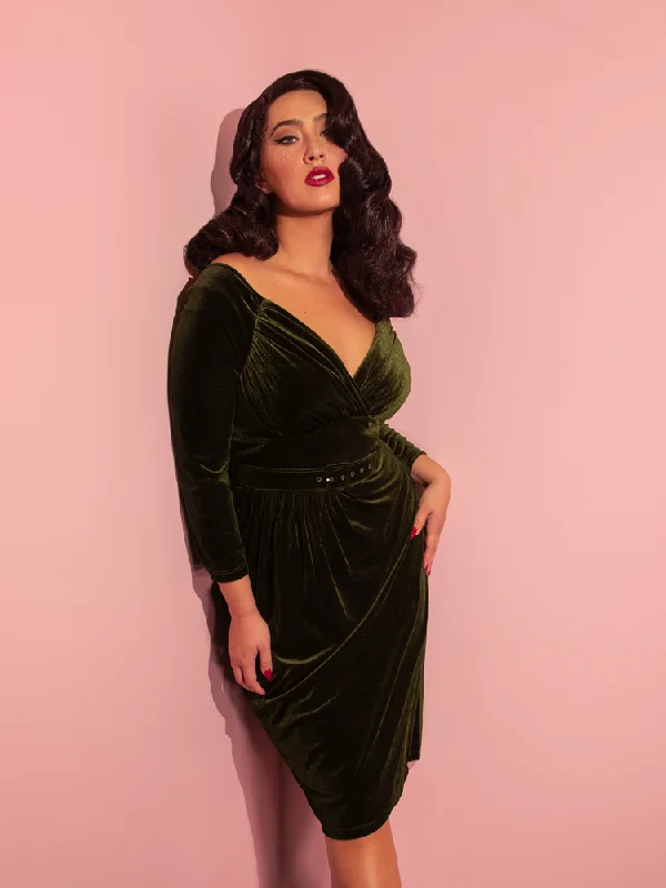 High-Neck DressStarlet Wiggle Dress in Olive Green Velvet - Vixen by Micheline Pitt