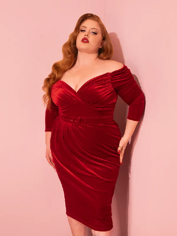 women's work dressesStarlet Wiggle Dress in Ruby Red Velvet - Vixen by Micheline Pitt