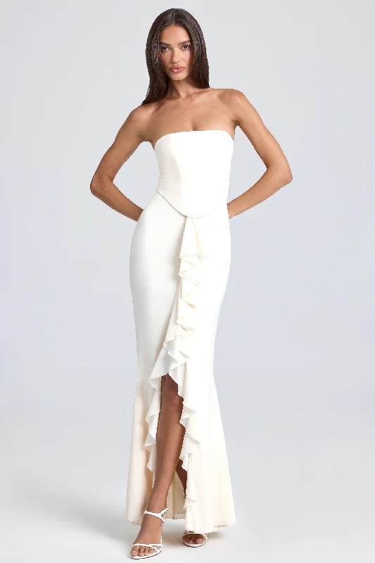 Jersey DressBandeau Ruffle-Trim Corset Gown in Ivory