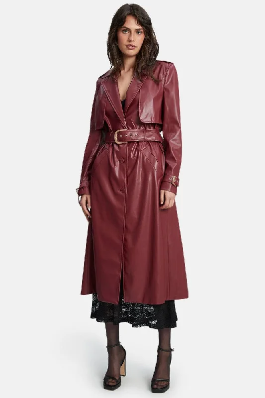 women's short-sleeved dressesVegan Leather Trench Coat - Burgundy