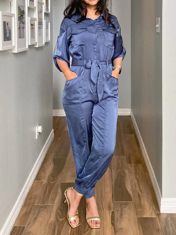 women's jumpsuits made of chiffon3/4 Sleeve Dressy Jumpsuit In Deep Blue