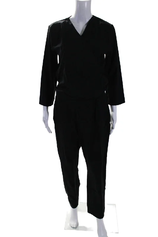 women's jumpsuits for beach outingsAday Womens Stretch V-Neck Long Sleeve Destination Jumpsuit 1 Piece Black