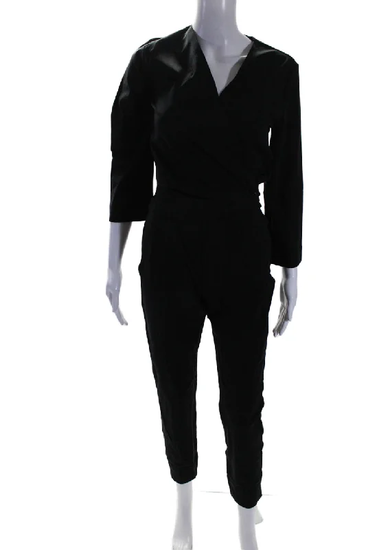 women's jumpsuits with spaghetti strapsAday Womens Stretch V-Neck Long Sleeve Destination Jumpsuit 1 Piece Black