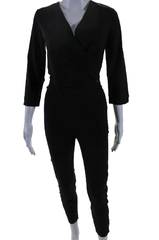 women's wide-leg jumpsuitsAday Womens Stretch V-Neck Long Sleeve Destination Jumpsuit Black