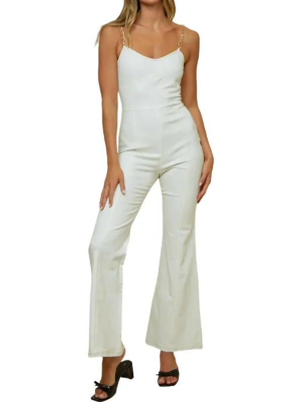 women's jumpsuits with off-the-shoulder necksChain Shoulder Detail Denim Jumpsuit In White