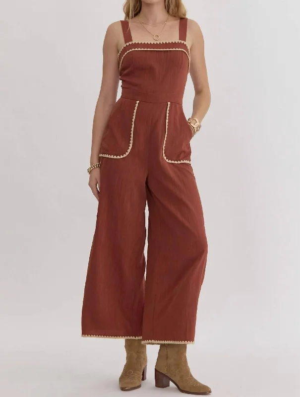 women's boho jumpsuitsContrast Square Neck Sleeveless Jumpsuit In Brown