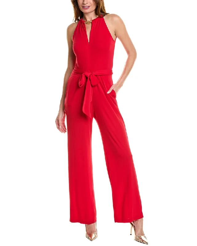 women's jumpsuits with round necksElie Tahari Chain Halter Jumpsuit