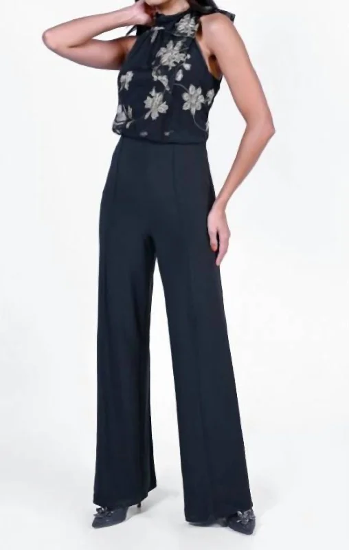 women's jumpsuits with belt loopsFloral Brocade Jumpsuit - 229012 In Black