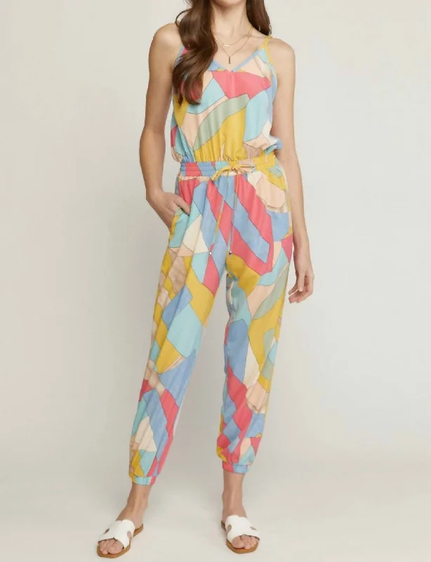 women's jumpsuits with Peter Pan collarsGeometric Print Tank Jogger Jumpsuit In Multi Color