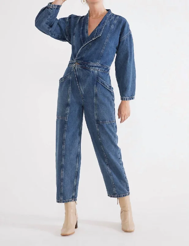 women's jumpsuits for wrinkle-resistant materialsLiv Asymmetric Denim Jumpsuit In Arctic Storm