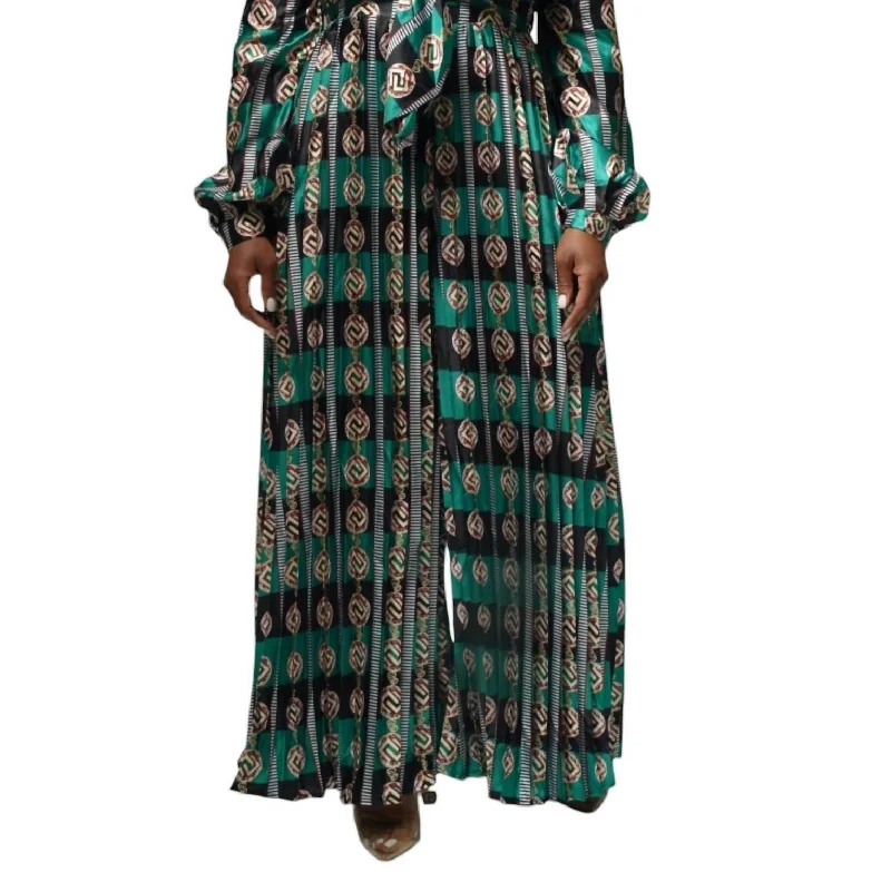 women's jumpsuits with metallic finishesLong Sleeve Jumpsuit With Cutout In Green Multi