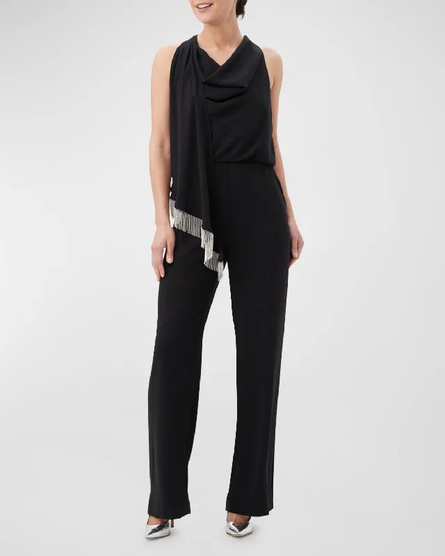 women's jumpsuits with zippersMomo Cowl-Neck Draped Fringe-Trim Jumpsuit