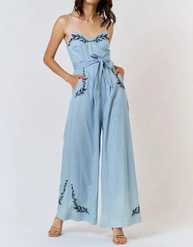 women's jumpsuits for summerNothing Better Embroidery Denim Jumpsuit In Light Wash