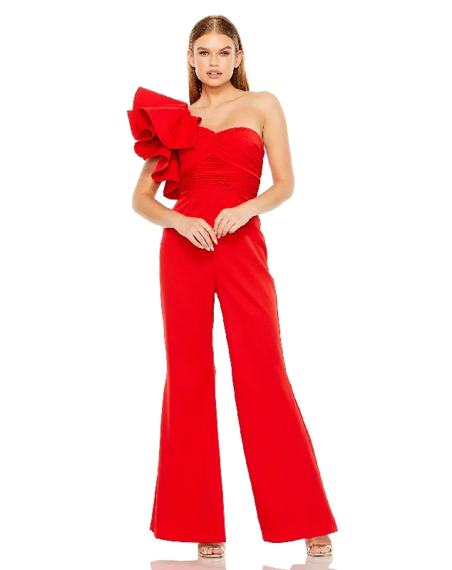 women's jumpsuits for yogaOne Shoulder Ruffle Detail Flare Pant Jumpsuit