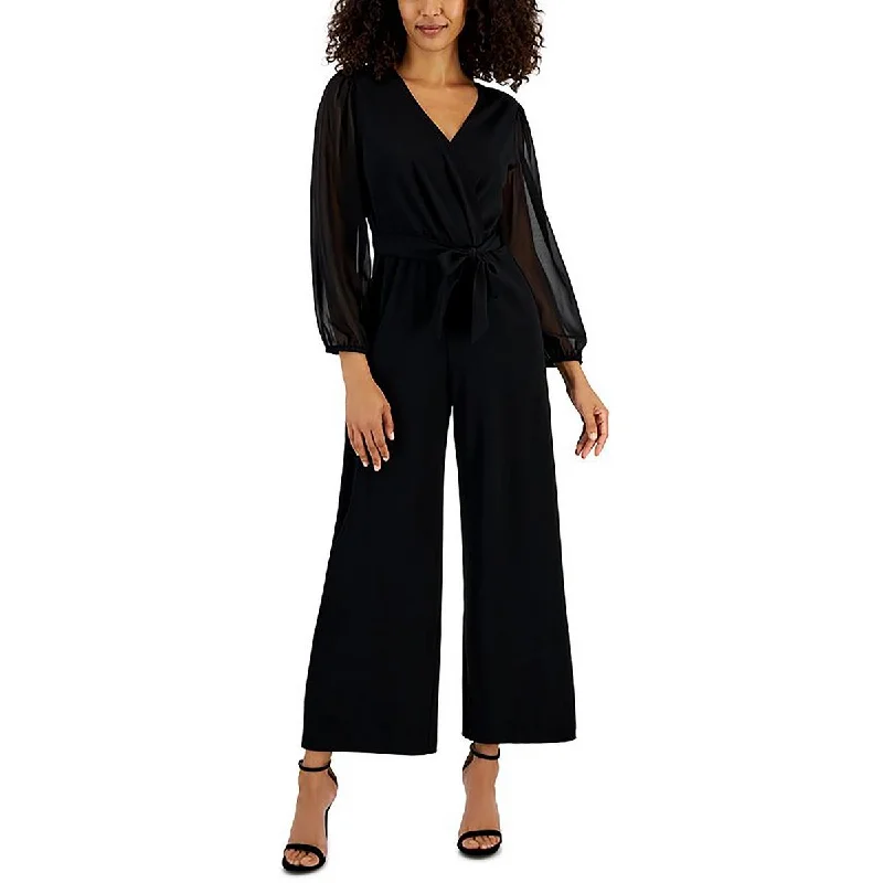 women's jumpsuits with off-the-shoulder sleevesPetites Womens Tie-Wiast Wide Leg Jumpsuit