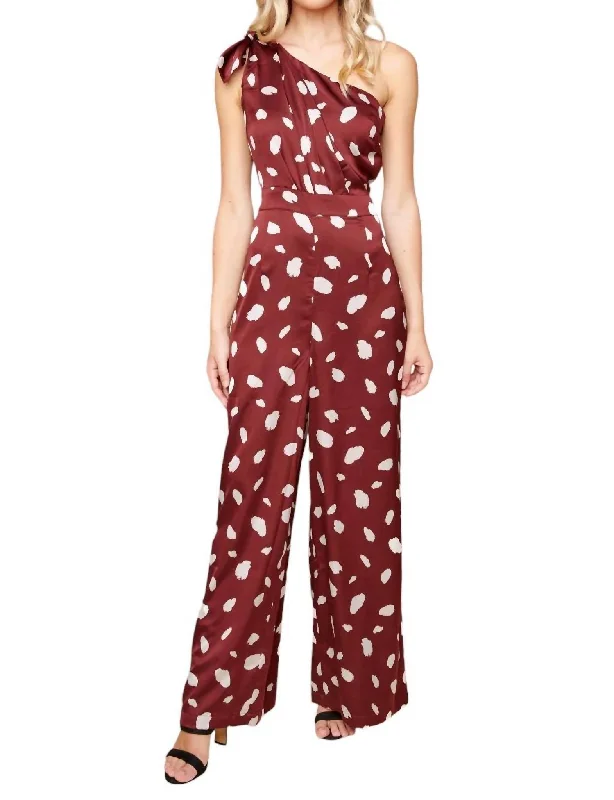 women's jumpsuits with cinched waistsSabine Abstract Dot Satin One Shoulder Jumpsuit In Burgundy-White