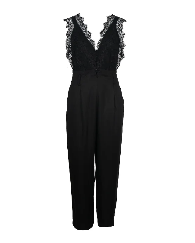 women's jumpsuits with buttonsSandro Floral Lace and Gabardine Jumpsuit in Black Lyocell