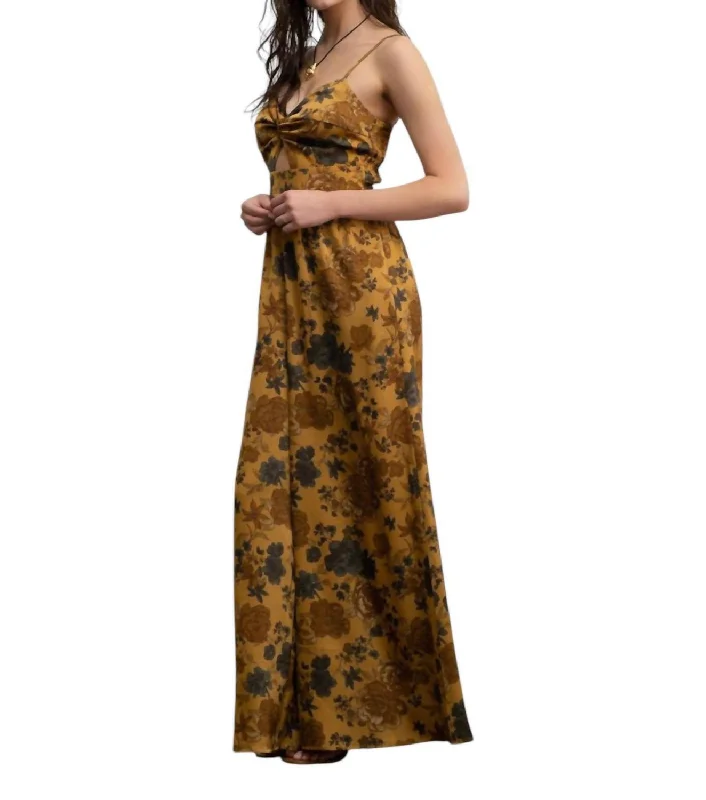 women's jumpsuits for tall womenSatin Floral Sleeveless Jumpsuit In Gold