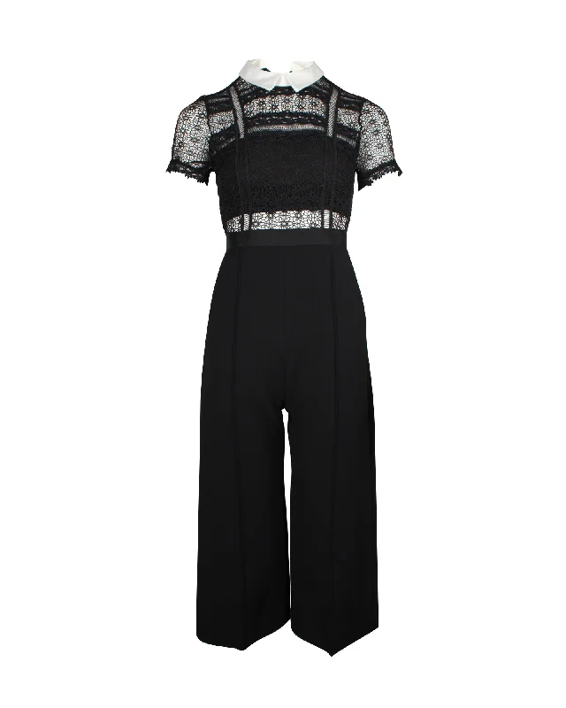 women's glam jumpsuitsSelf Portrait Fleur Lace-Panelled Wide-Leg Jumpsuit in Black Polyester