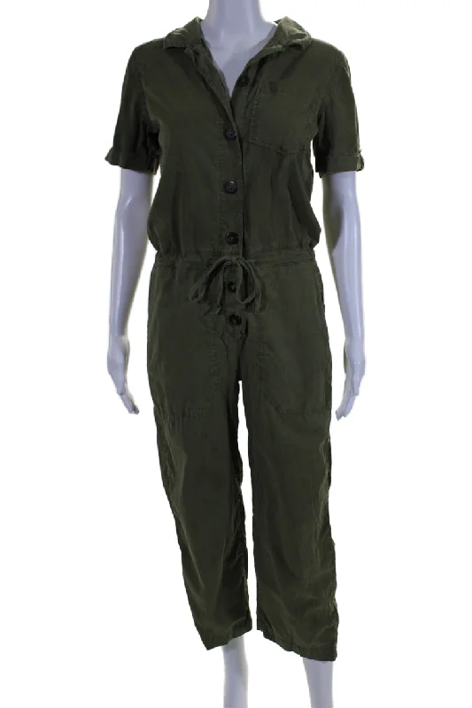 women's ankle-length jumpsuitsSezane Womens Textured Collar Button Short Sleeve Jumpsuit Army Green