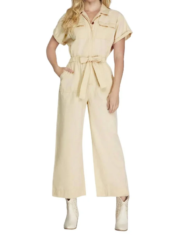 women's jumpsuits for minimalist fashionShort Sleeve Button Front Jumpsuit In Ecru