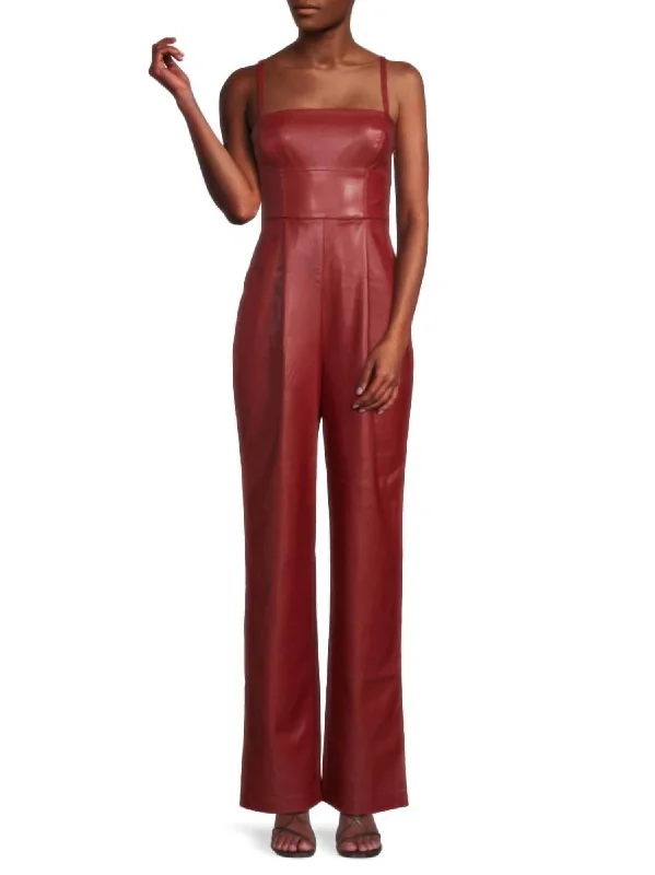 women's jumpsuits for yogaSleeveless Faux Leather Jumpsuit In Berries